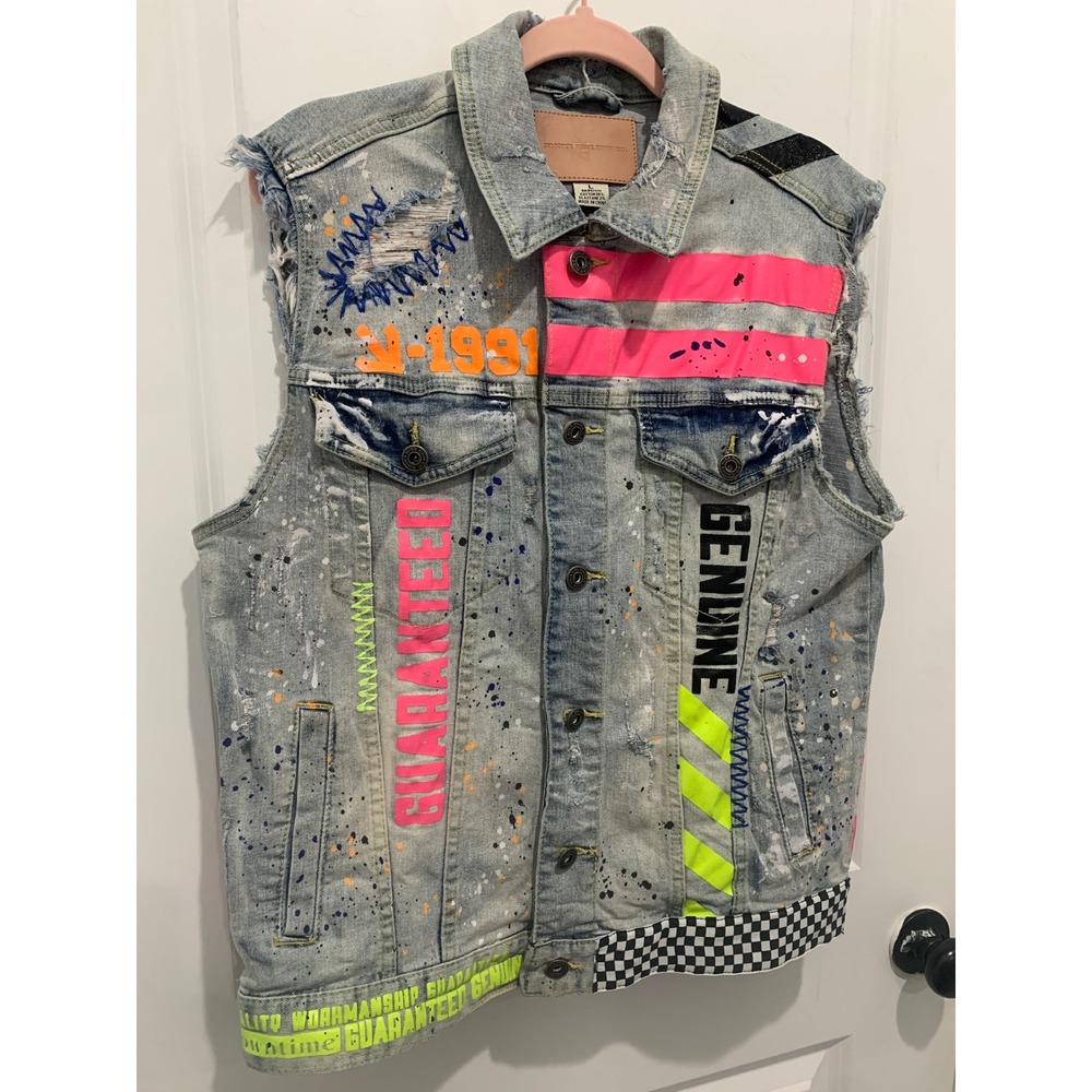 Smoke Rise Dnm Co Mens Distressed Graphic Denim Vest Neon Paint Splatter Large